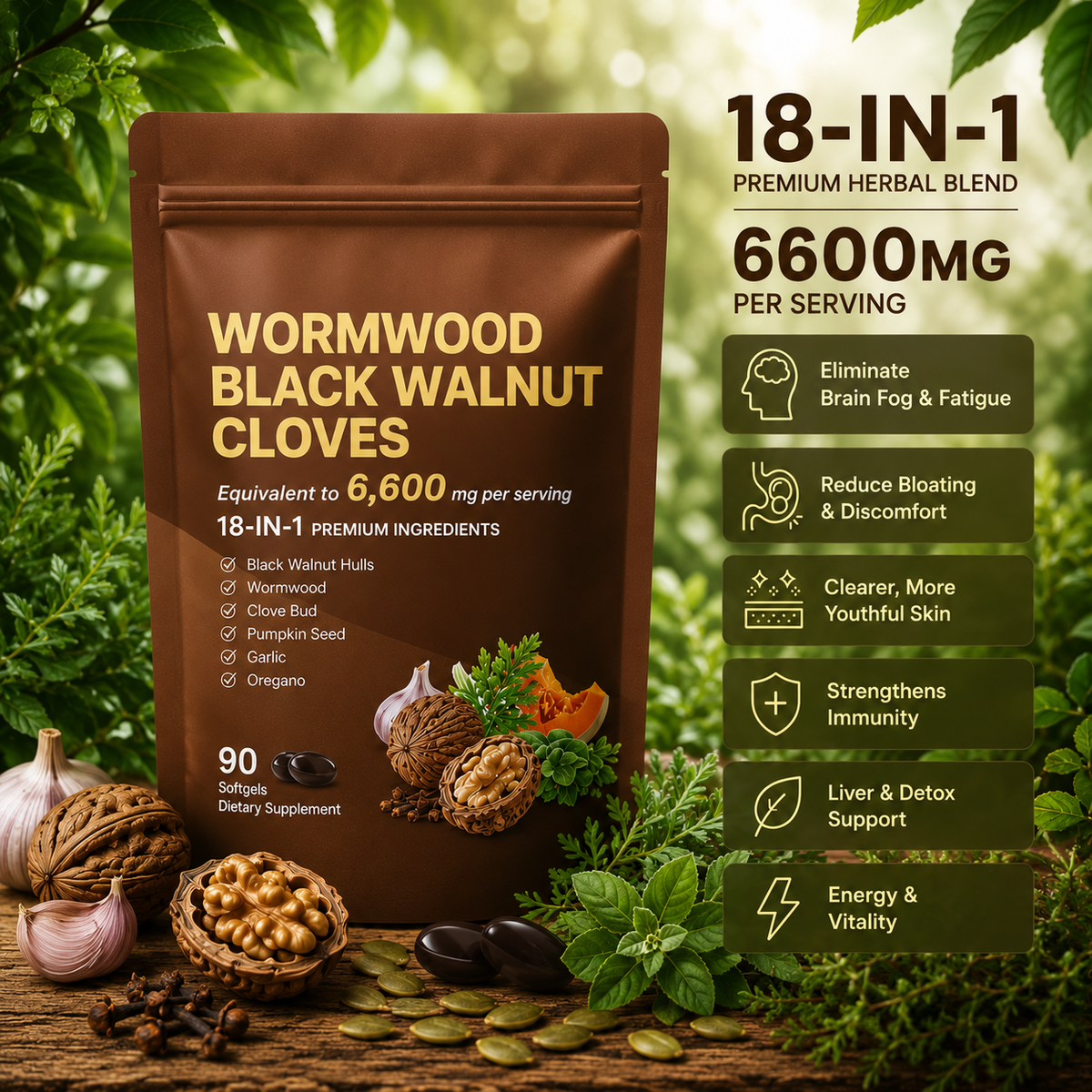 18-in-1 Wormwood, Black Walnut & Clove Herbal Complex – 90 Softgels